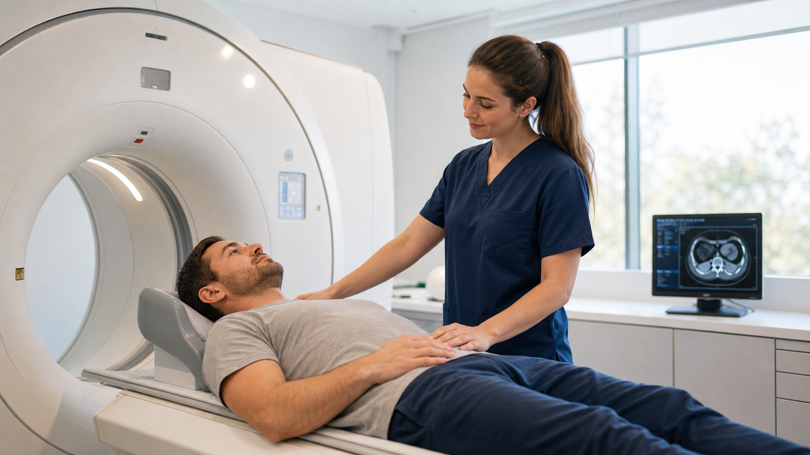 A healthcare professional prepares a patient for a CT scan in a modern medical imaging room.