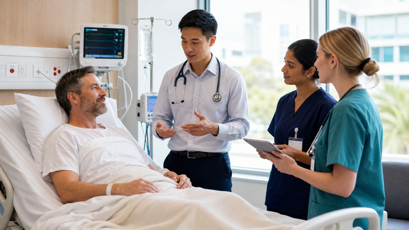 A doctor and two nurses speak with a patient in a modern hospital room while reviewing his care.