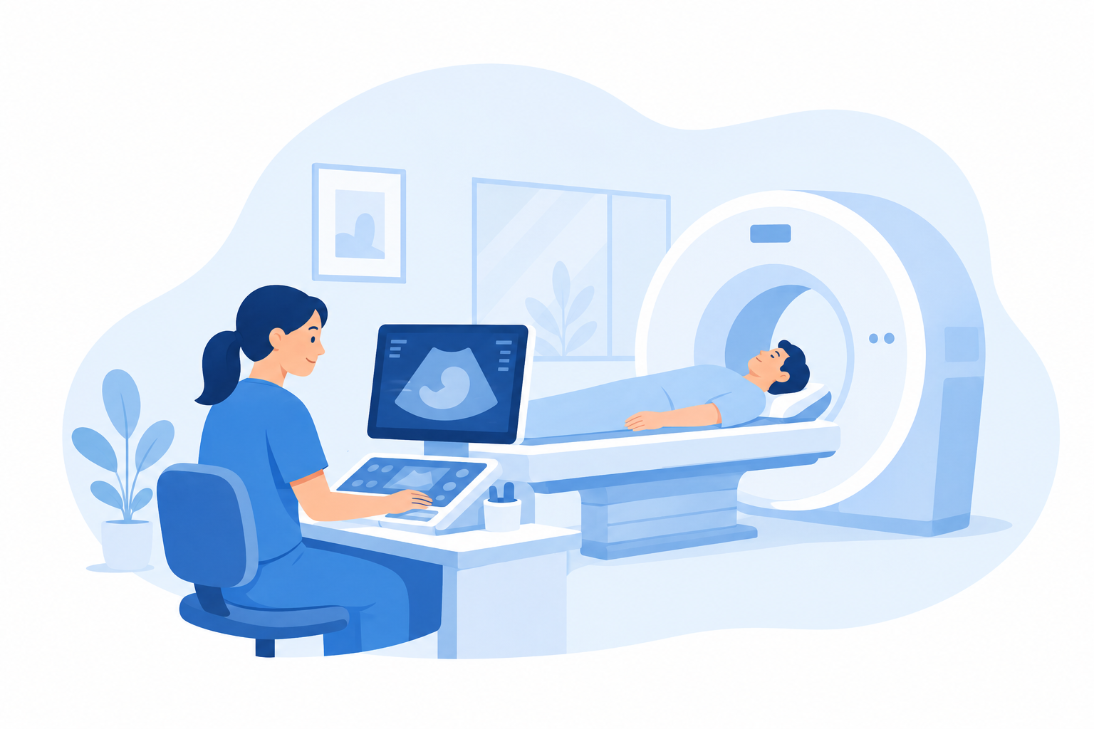 A medical technician operating diagnostic imaging equipment while a patient undergoes a scan at a modern clinic.