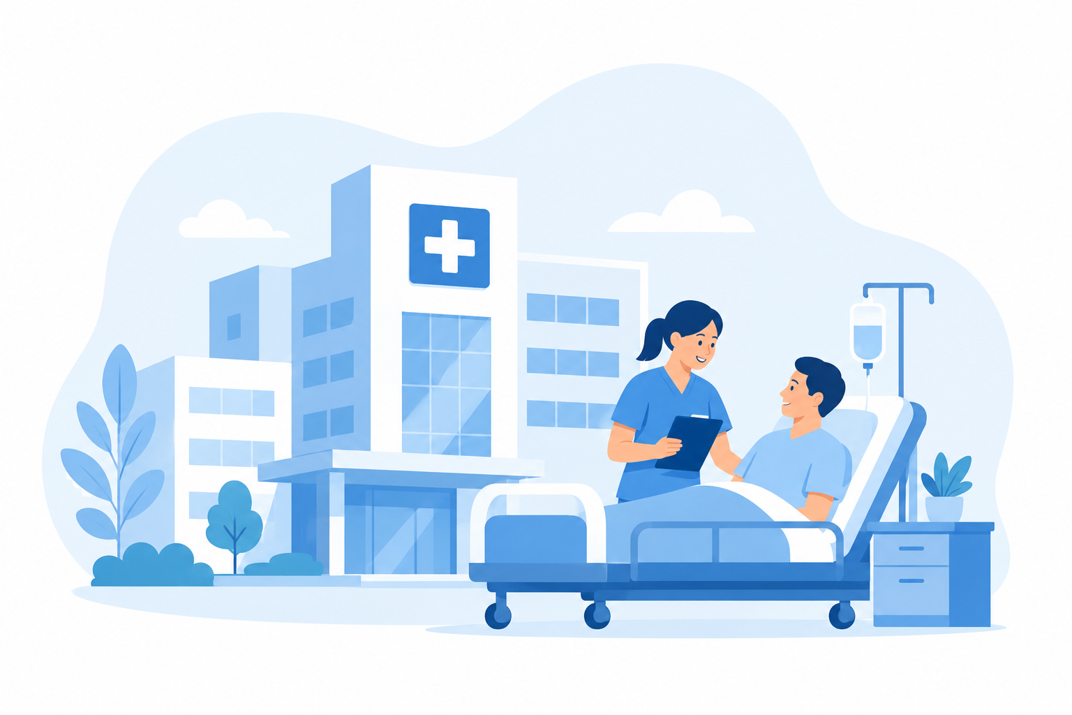 A nurse speaking with a patient beside a hospital bed, with a modern hospital building in the background.