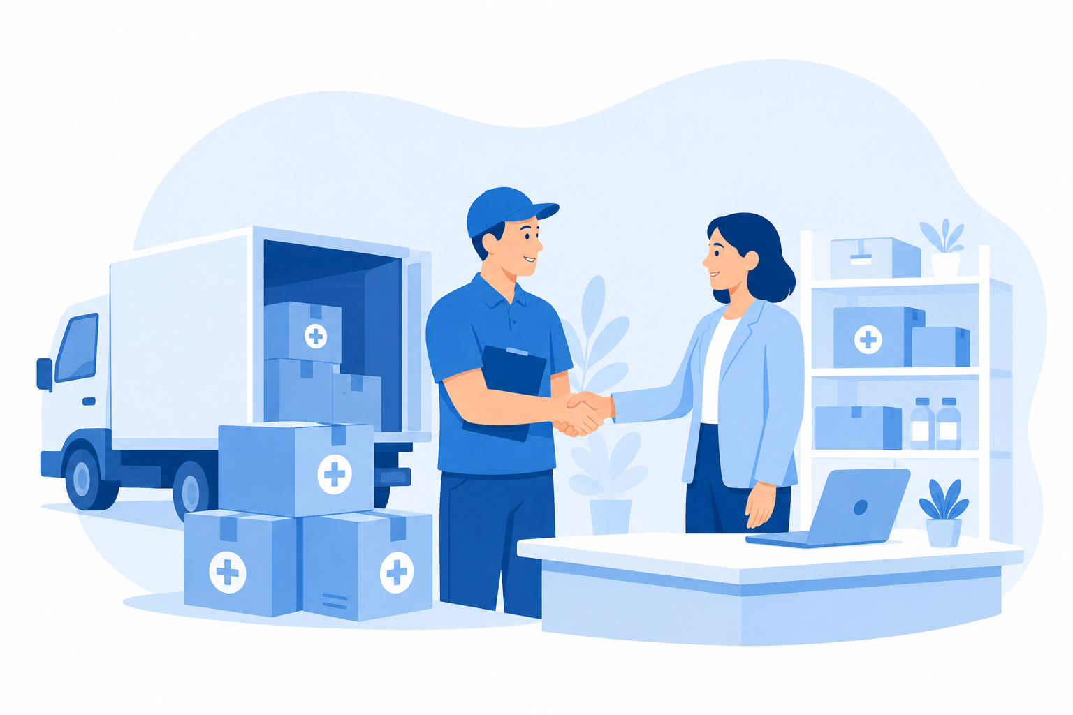 A healthcare distributor and procurement partner shaking hands beside a delivery truck and medical supply boxes.