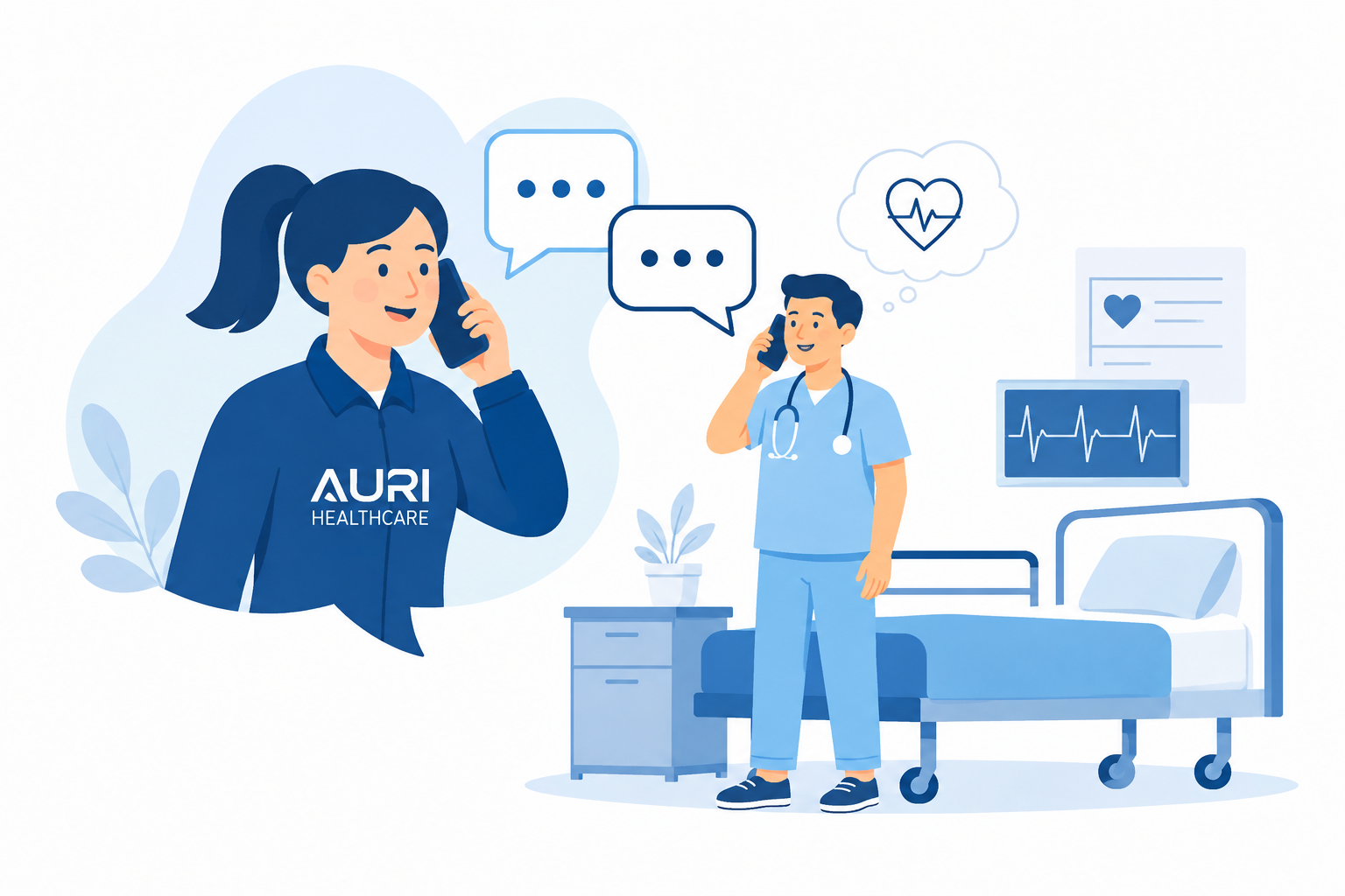 AURI Healthcare representative speaking with a hospital clinician beside a patient bed and medical monitoring equipment.