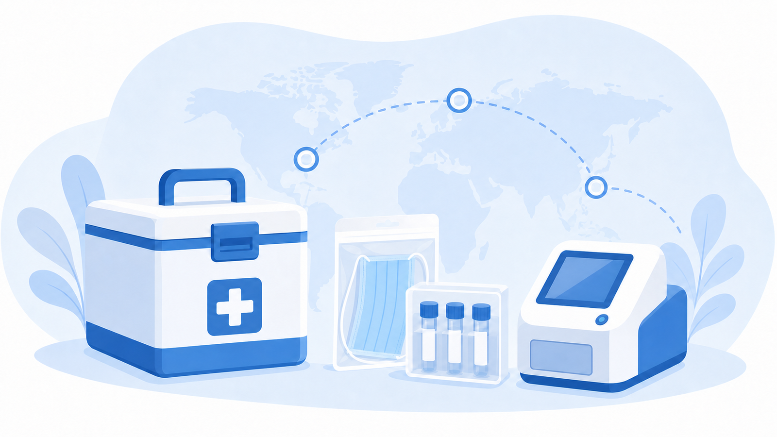 Blue-and-white illustration of a medical supply chain, featuring a medical transport case, face masks, sample tubes, diagnostic equipment, and global delivery routes.